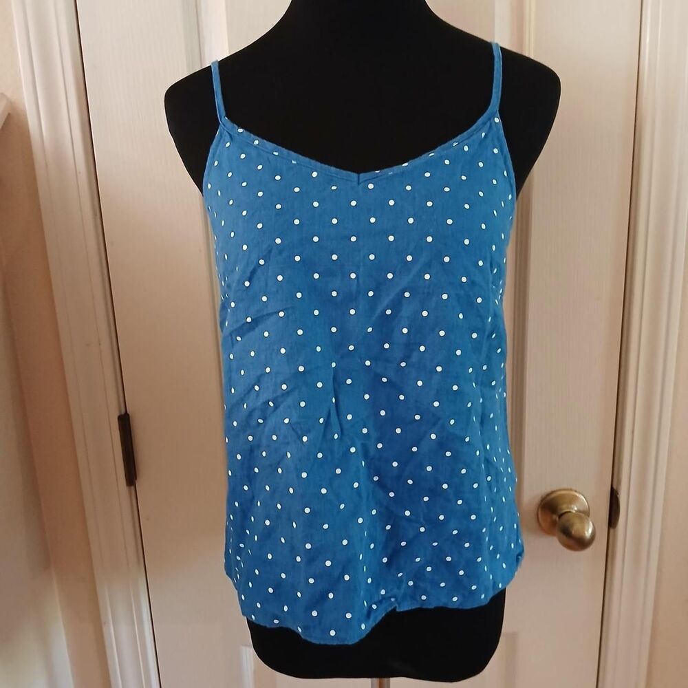 Linen Lara 100% Steamed Linen Blue Polka Dot Tank Top Wooden Button Up Back
